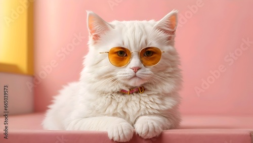White cat wearing sunglasses in pink wall background