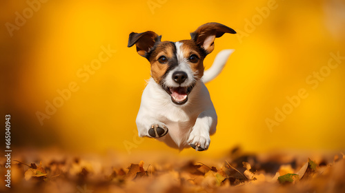 Happy jack russell terrier dog running in an autumn sunny park