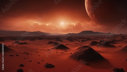 sunrise over the alien desert A red planet with a clayey surface. The planet has a high temperature and a stormy sky