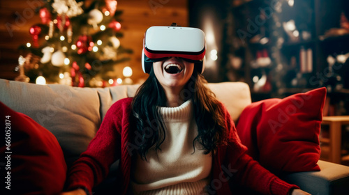 Young girl playing a game at Christmas on a modern virtual reality VR headset. Ai generated