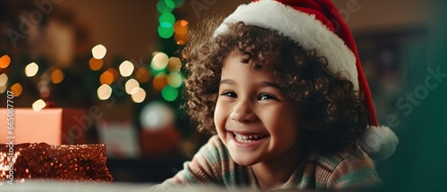 Happy smiling African American child having fun in living room on Christmas day
