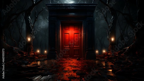 a red door in a scary room background