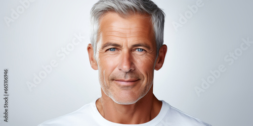 Portrait of Beautiful Older 50s 60s 70s Mid Aged Healthy Mature Man Isolated on White Background. Anti-aging Skin Care Beauty, Cosmetics Concept. Natural Beauty Product.
