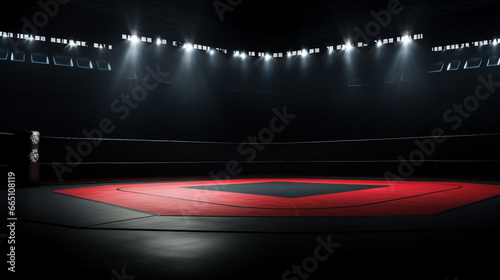 Empty fighting arena background with lights and spotlight. Mixed Martial Arts Fighting Arena with copy space