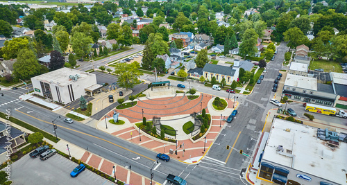 James Cultural Plaza aerial in Auburn with houses and church