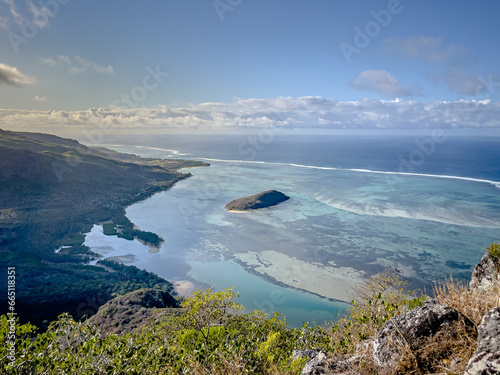 Hiking peak of Le Morne Brabant Mountain, UNESCO World Heritage Site basaltic mountain with a summit of 556 metres, Mauritius