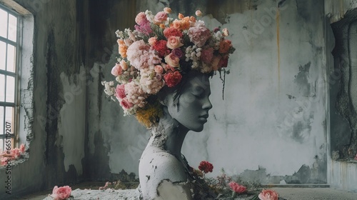 Real flowers cover a sculpture in a concrete building, a sculpture inspired, pastel accent colors, hip hop sculpture.