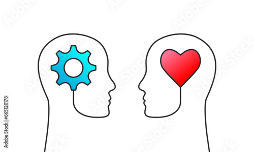 Head silhouette, gear and heart shape symbol. Human mind, thinking, emotional and intelligence quotient. IQ and EQ or right and left brain as cerebral hemispheres concept isolated on white background.