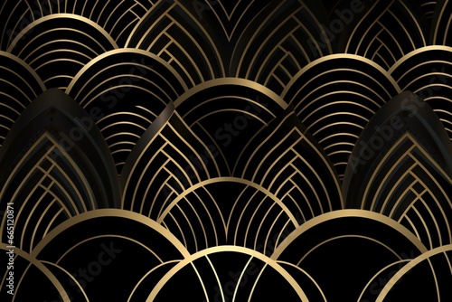 Sophisticated geometric pattern with golden art deco wavy stripes and circles on a black backdrop. Generative AI