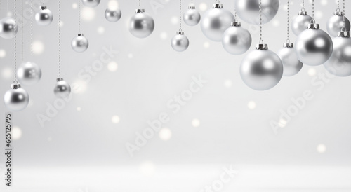 Um elegante banner prateado decorado com bolas de Natal penduradas.