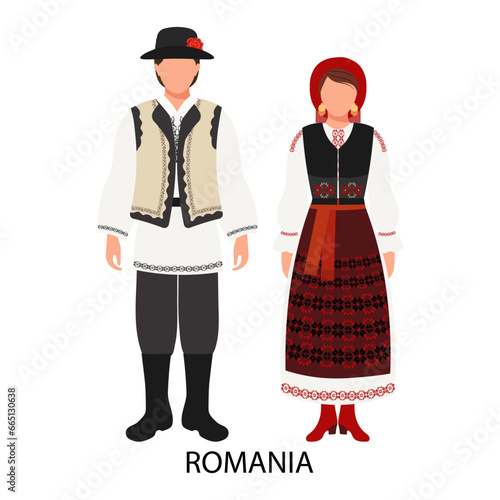 A man and a woman in Romanian folk costumes. Culture and traditions of Romania. Illustration, vector