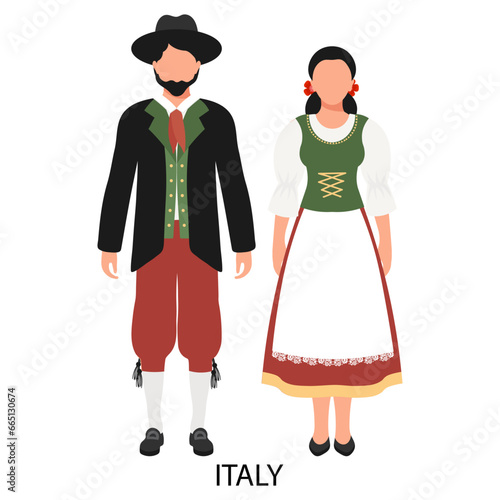 A man and a woman in Italian folk costumes. Culture and traditions of Italy. Illustration, vector