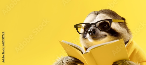 Sloth with glasses reading a book on a yellow background