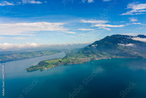 Panoramic view of the mountains at Lake Lucerne in Switzerland.