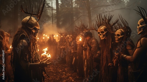 Pagan rituals of the old world. Participants wear animal skull masks and perform rites near a stone altar.