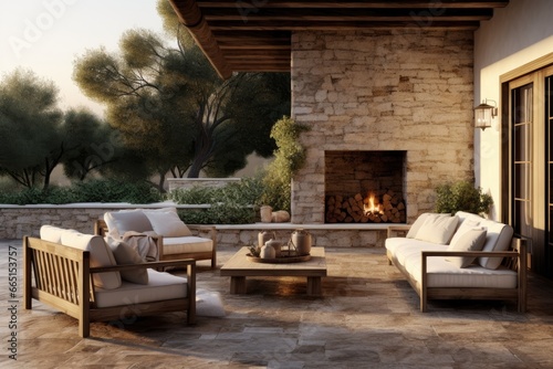 Tuscan Outdoor Patio Lounge: Rustic Stone Fireplace, Comfy Cushioned Seating, Overhead Wooden Beam, Serene Dusk Sky, and Olive Trees in Background