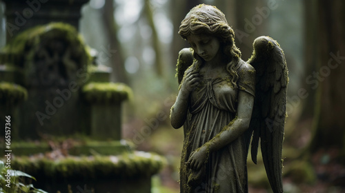 stone statue of an angel weeping, set in an old cemetery covered in moss, soft overcast lighting