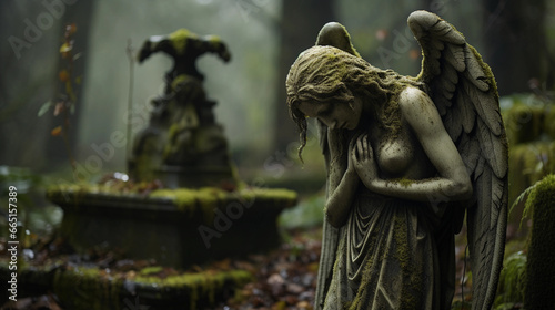 stone statue of an angel weeping, set in an old cemetery covered in moss, soft overcast lighting