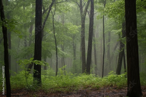 Intense downpour amidst the woods. Generative AI