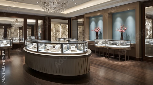 An elegant jewelry store with glass display cases and dramatic accent lighting.
