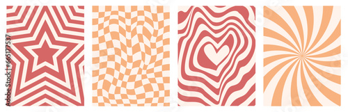Cool retro backgrounds of the 70s in red and yellow colors. Chess board, wavy patterns. Vector posters with lines, squares and hearts, stars in a groovy style. Aesthetics of Y2k.