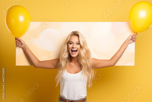Mulher loira comemorando no fundo amarelo - Papel de parede