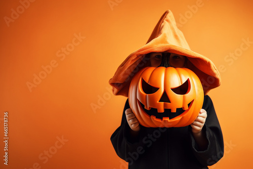 Criança com fantasia de abóbora de halloween isolado no fundo laranja 