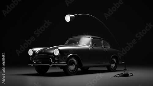 Unique classic car under road lamp isolated black background. AI generated image