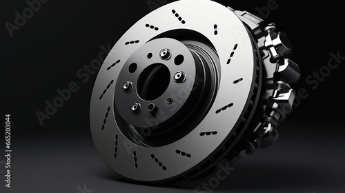 Closeup of steel disc brake car isolated dark background. AI generated image