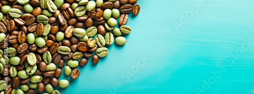 Coffee banner with alluring contrast of vibrant green coffee beans against the deep brown roasted coffee beans, spread harmoniously on a serene turquoise backdrop. Banner size, copy space
