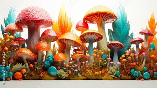 Mold a fantastical 3D forest of whimsical mushrooms, each cap boasting a unique, vibrant color scheme.