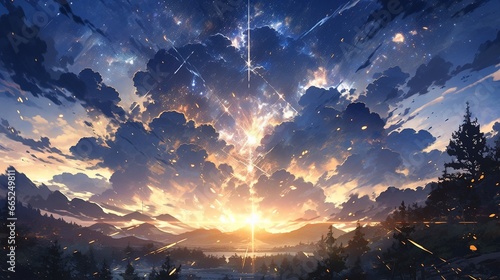 ［AI生成画像］日没の大空、森林1