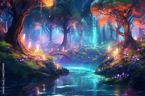 Illustration of enchanting fairy forest with magical lights, mysticism, realism, wild nature, river shining with neon colors, 3D artwork. Generative AI