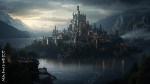 fantasy dark black castle fortress surrounded by epic lake water moat landscape at darn