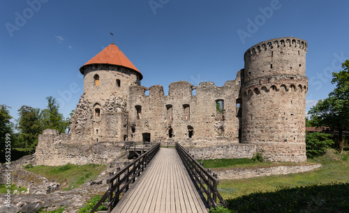 looking across moat to the walls of Cesis Castle, Cesis, Latvia