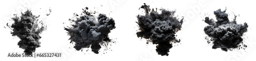 Set of black smoke cloud of a terrible explosion, Elements for design isolated on white and transparent background