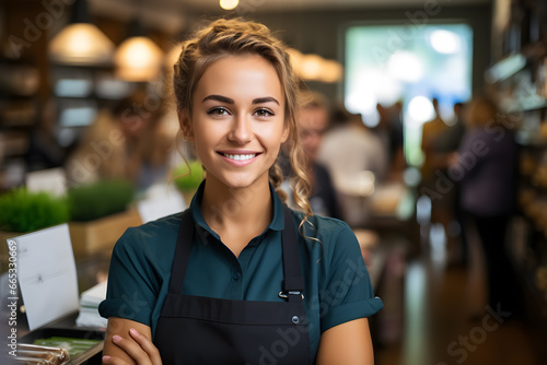 happy young and attractive saleswoman, cashier serving customers,Smiling, The concept of maintenance and service.