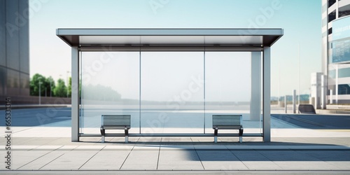 Generative AI : bus shelter at busstop. empty billboard. bus shelter ad. glass and aluminum structure. 