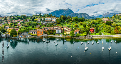 Landscape with Pescallo village, Bellagio town at Como lake region, Italy