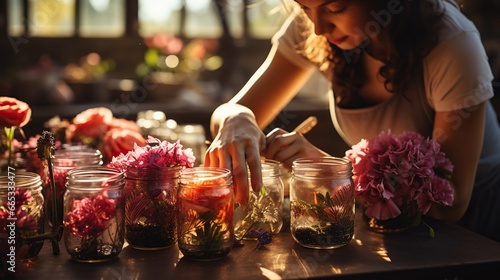 A woman decorating a table with colorful floral arrangements