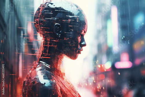 Double exposure photography of an Android robot and the mesmerizing cyberpunk city, with impeccable clarity and vibrant hues, against a white backdrop.