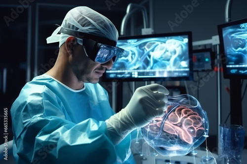 A surgeon Wearing Augmented Reality Glasses looks at a huge augmented reality representation of a huge human brain and performs brain Surgery with an Animated 3D Brain Model. illustration