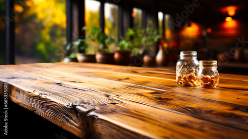 Pusty drewniwny blat stołu kuchennego na zamazanym tle.