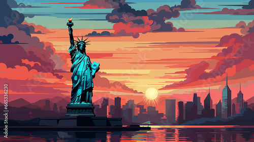 Beautiful scenic view of statue of liberty during sunrise or sunset. Colorful pop art illustration.
