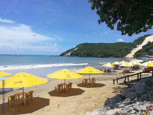 Beach with umbrellas and chairs, Ponta Negra, Natal, Rio Grande do Norte, Brazil