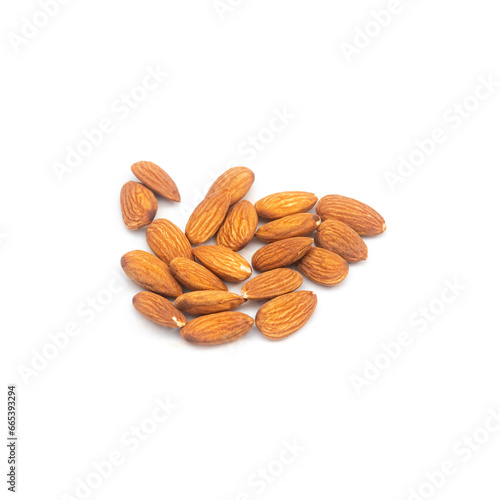 Almonds isolated on white background. Selective focused.