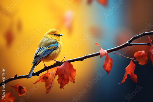 yellow bird perched on a branch in the fall season, in the style of dreamy symbolism, precisionist lines, flickr, cute and dreamy,