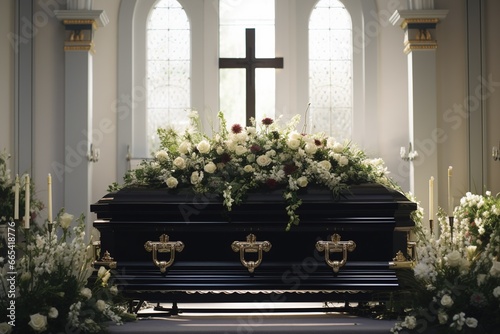 closeup shot of a casket in a hearse or chapel before funeral or burial at cemetery