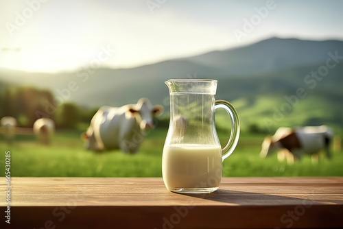 Glass pitcher with fresh milk on a wooden table.