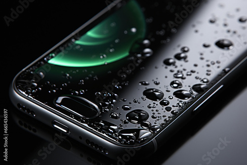 waterproof smartphone covered with drops of water